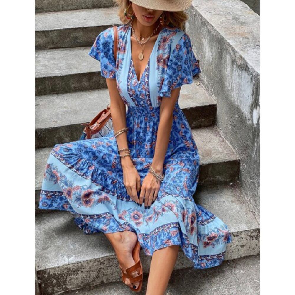 New! Bohemian Whimsy Summer Blue Floral Midi Dress  Cottage Core Size Large